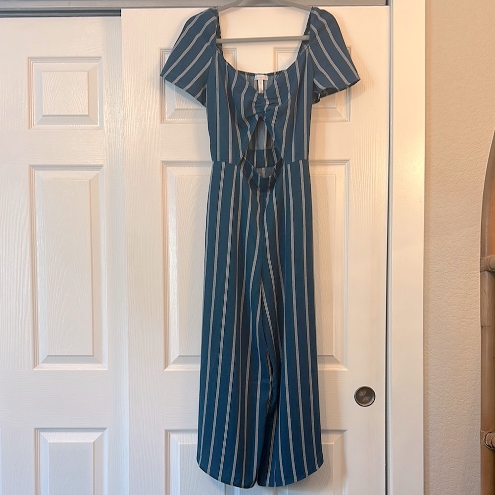 Leith Teal Blue Vertical White Striped Jumpsuit